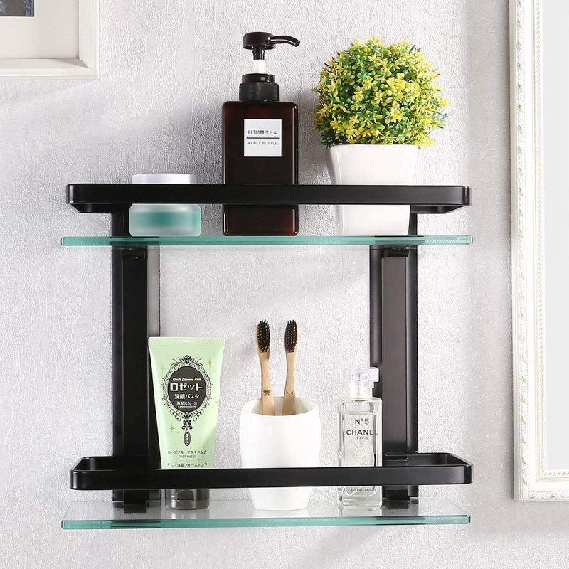 Wall Mounted 2-Tier Rectangle Glass Shelf with Aluminum Rails, Extra Thick Tempered Glass Floating Shelf for Bathroom Storage 