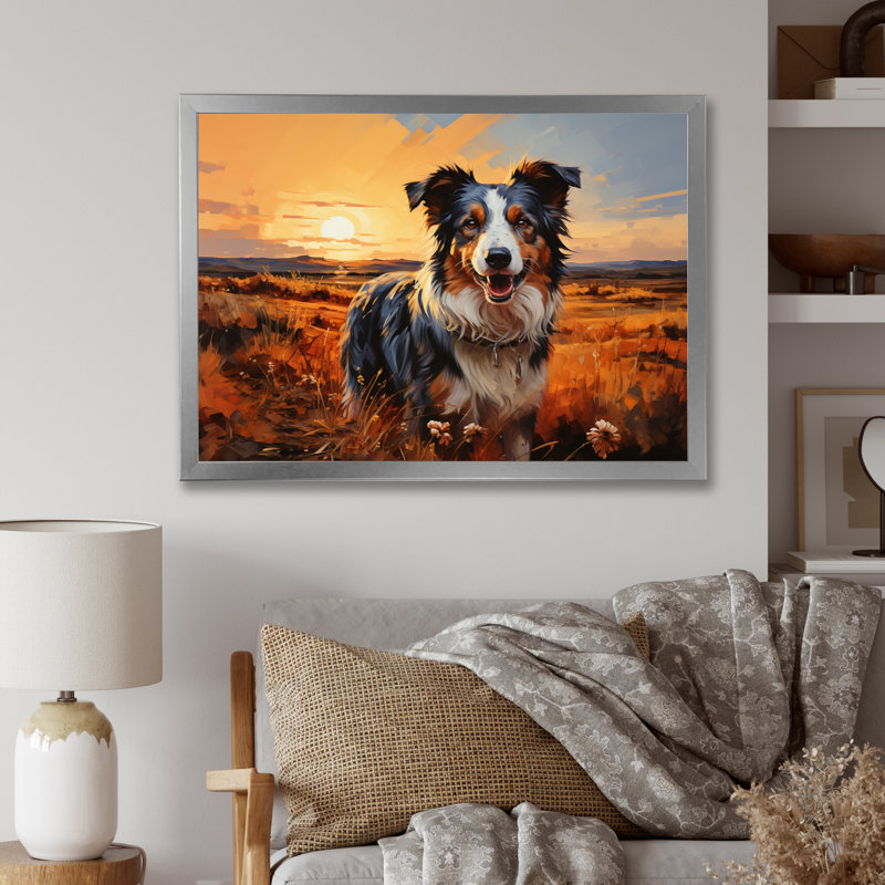 Border collie marchant sous Golden Horizon - impression, H 34 po x l 44 po x P 1,5 po, Cadre simple argenté