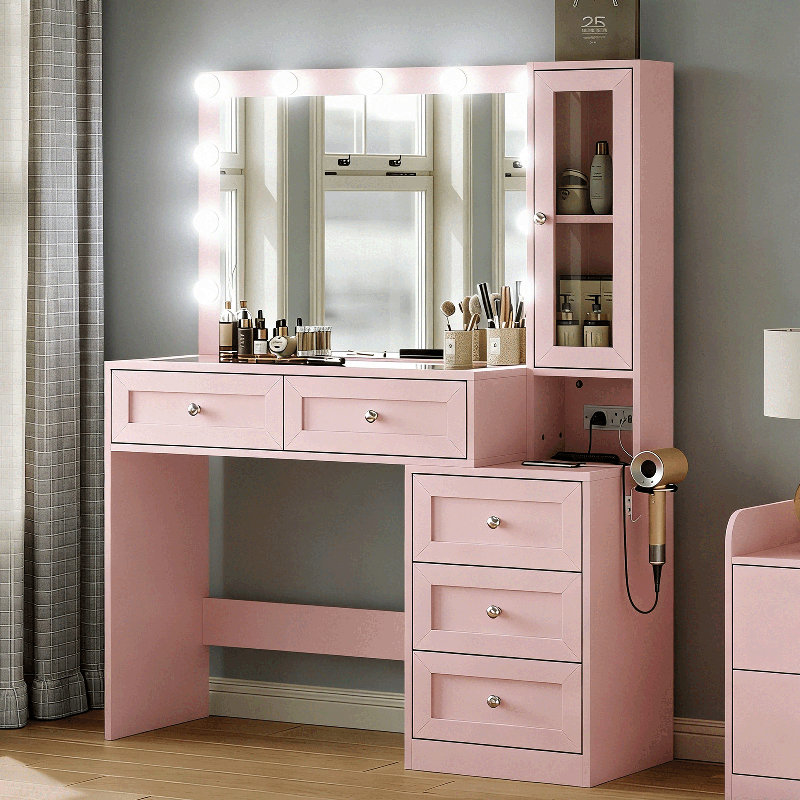 Meuble-lavabo 43 po avec miroir et 11 lumières, bureau de maquillage moderne avec 5 tiroirs, 3 modes d'éclairage à luminosité réglable, prise de courant, coiffeuse