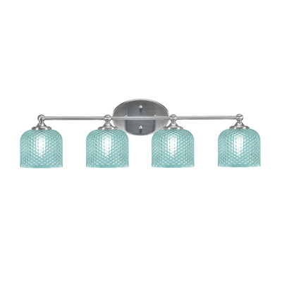 Barre d'éclairage de salle de bain 4 lumières Sheffield en nickel brossé, verre turquoise 6 po