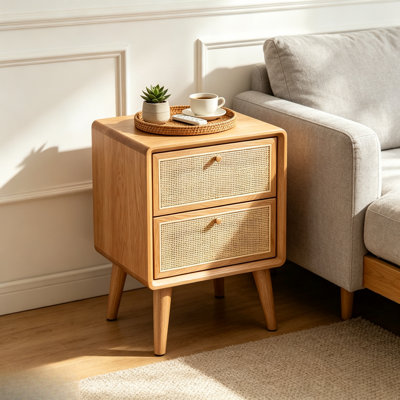 Table de chevet Mid-Century moderne en chêne clair avec 2 tiroirs en rotin, table de chevet bohème en bois, pieds fuselés en bois pour un rangement stable dans la chambre à coucher