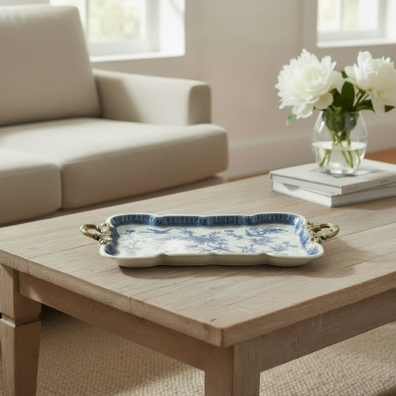 Porcelain Tray with Bronze Handles - Songbird Garden