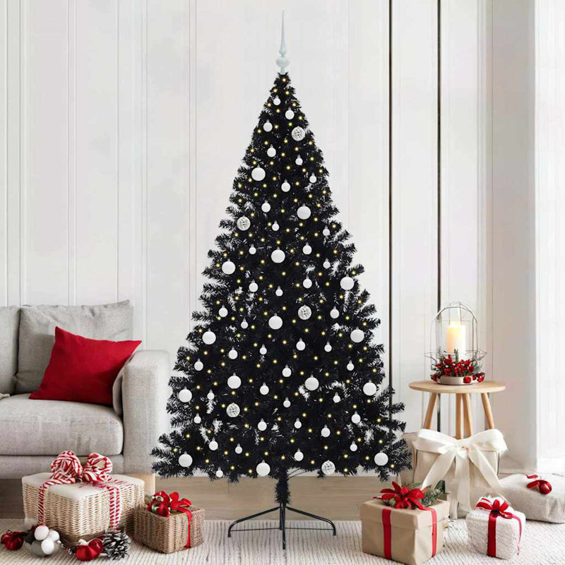 6.89' H Lighted Artificial Christmas Tree, Black, 210 cm, with 120 White Balls
