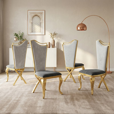 Gorgeous Streamlined High Back Grey Velvet Stainless Steel Legs Chair For Dining Room, Set Of 4