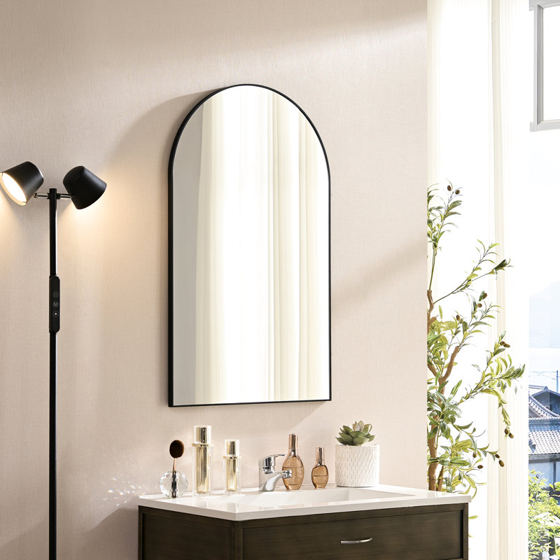 Miroir de salle de bain arqué en alliage d'aluminium 40 po x 30 po noir - reflet transparent, cadre antirouille, coffre-fort en métal 30 x 40, support, mélange moderne et industriel