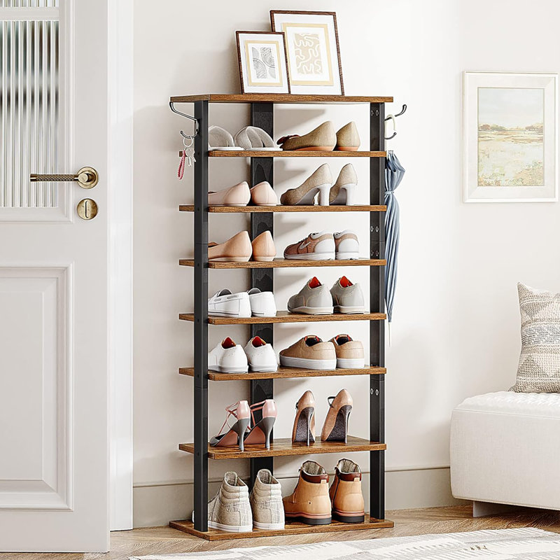 Étagère à chaussures en bois avec crochets Narrow 8 - Tiers, H 44,5 po x l 11 po x P 11 po, Brun rustique