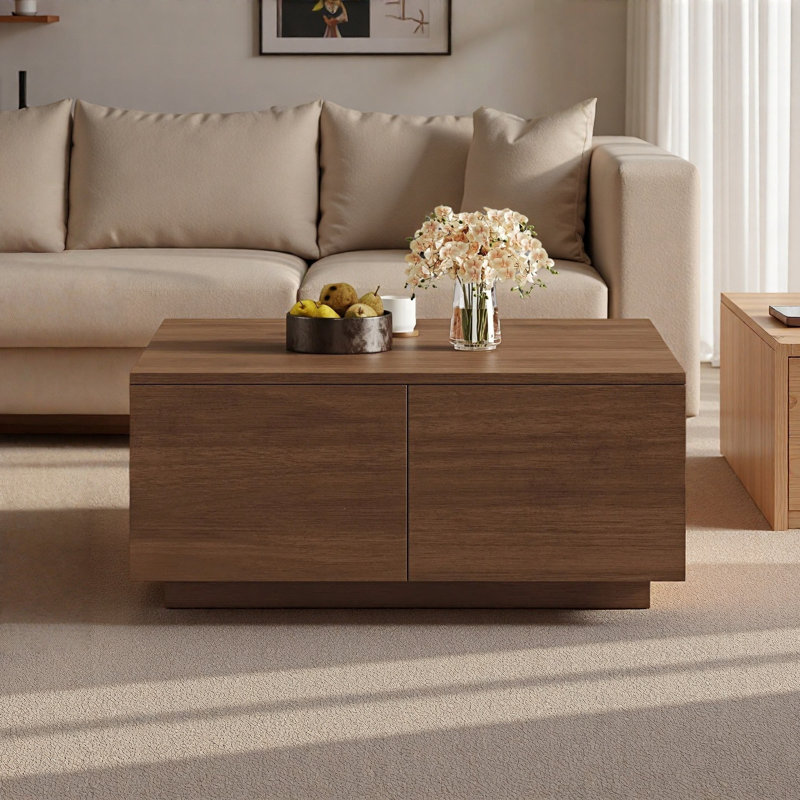 Table basse moderne carrée avec 4 tiroirs, Walnut