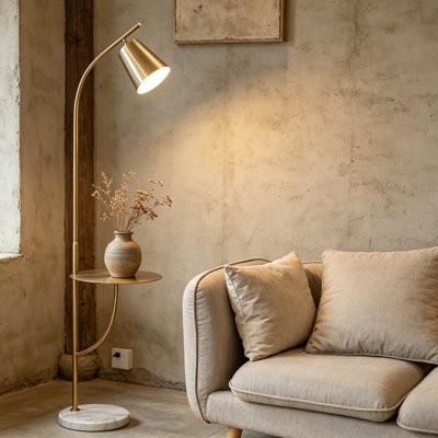 Adjustable Floor Lamp With Side Table - Reading And Office Light With Weighted Marble Base, Brushed Antique Brass Finish, E26 Socket (40W Max)