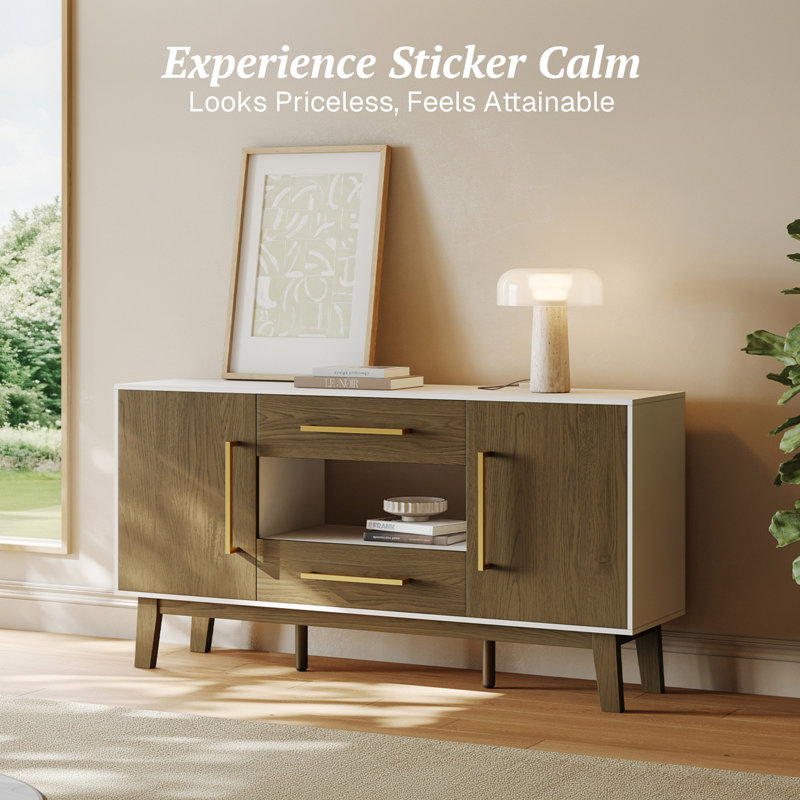 Raelynne 63'' Mid-Century Modern Side Table, Enclosed Cabinets, Sideboard Buffet Table