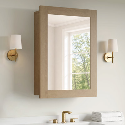 20'' W x 28'' H  Wood Framed Bathroom Medicine Cabinet with Mirror, Adjustable Shelves, Reversible Door, Wall-Mount or Recessed, Oak, Fully Assembled