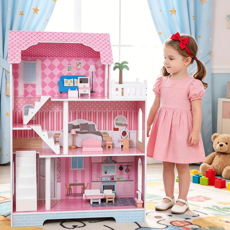 Large Dollhouse With Roof Window And Furniture, Mini Doll House Playhouse For 3 Years Old And Above