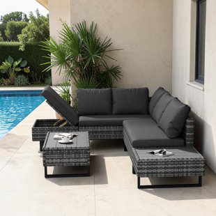 Mixed Gray Rattan Corner Sofa Set Industrial Style With Coffee Table Garden Furniture Set Anti-UV Cushions Removable Covers