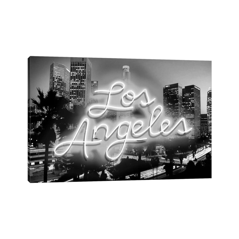 Neon Los Angeles White On Black by Hailey Carr - Wrapped Canvas Print, 30.48cm H x 45.72cm W x 1.9cm D