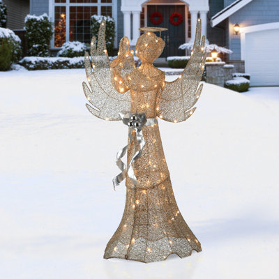 Ange en prière couleur or champagne de 135 cm avec lumières DEL