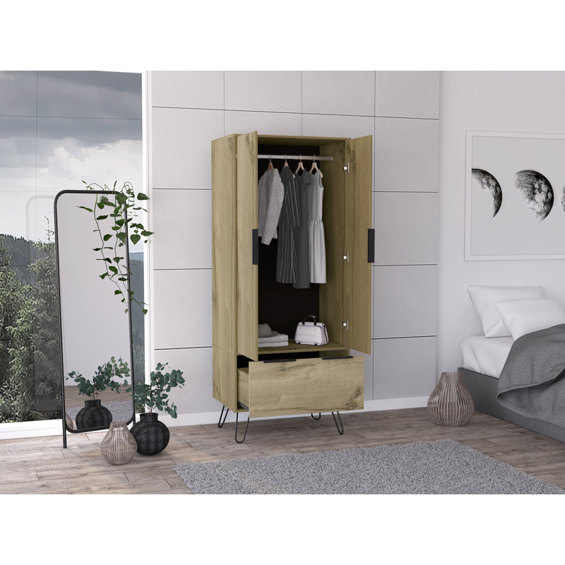 Camerun Modern 2-Door Bedroom Closet, One Drawer, Steel Legs