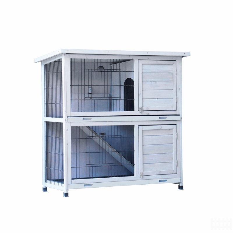 2-Story Rabbit Hutch with Outdoor Run, Indoor Bunny Cage with Waterproof Roof, Non-Slip Ramp & 2 Removable No-Leak Trays for Small Animals