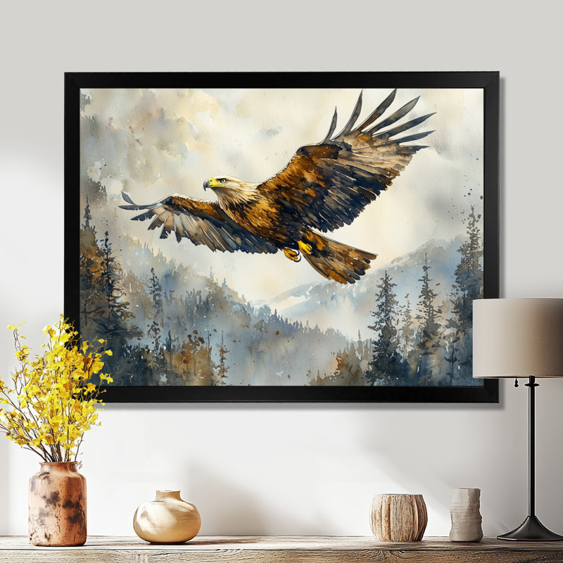 Aigle brun surplombant la vallée - oiseau, art mural, Cadre simple, Noir, H 12 po x l 20 po