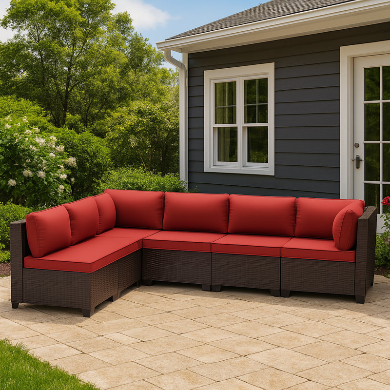 6-Piece All-Weather HDPE Wicker L-Shaped Patio Sectional Sofa Set With Cushions, Red