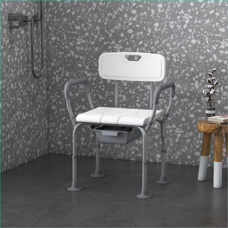 HOMCOM 3-in-1 Adjustable Chair Seating, Shower Chair with Back &amp; Arms, Bedside Commode Raised Toilet Seat for Seniors Disabled, Off-White