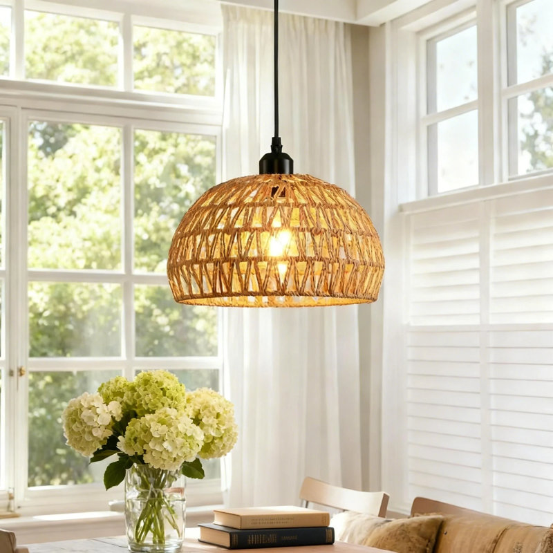Rattan Pendant Light, Boho Farmhouse Chandelier For Kitchen Island, Dining Room, Bedroom