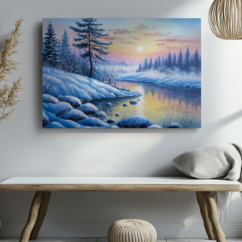 Reproduction d'art sur toile, "Un paysage d'hiver serein à l'aube" avec de grands pins, saupoudré de neige fraîche
