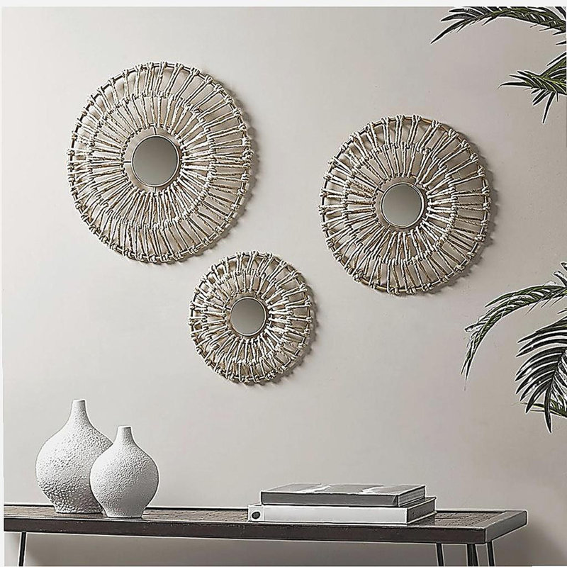 Décoration murale circulaire en fibre naturelle et miroir 3 pièces