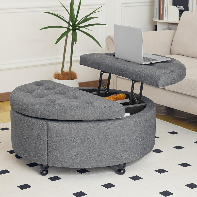 35" Wide Round Ottoman With Storage, Round Storage Ottoman, Tufted Round Ottoman Coffee Table Fabric Round Coffee Table Ottoman With Storage