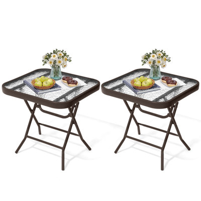 2Pcs Patio Folding Tempered Glass Side Table