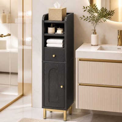 Armoire de rangement de coin de salle de bain étroite avec tiroir, porte et tablette ajustable
