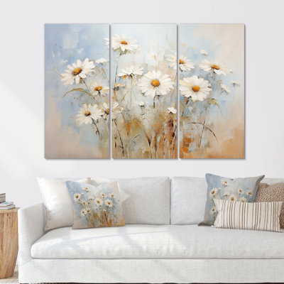 White Daisy Fields Elegance - Daisies Canvas Wall Art Set
