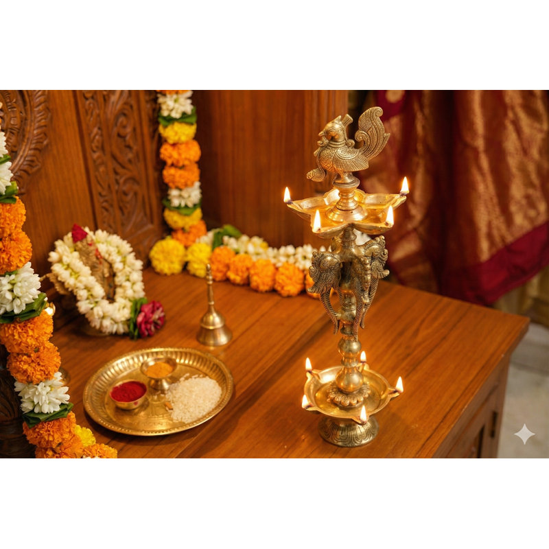 16" Brass Two-Layer Ritual Oil Lamp | Traditional Multi-Tier Diya for Puja Room, Temple Altar & Hindu Ceremony Decor | Handmade in India