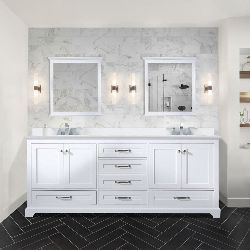 Meuble-lavabo double blanc 80 po X P 22 po D, plateau en quartz blanc et Miroirs, Blanc