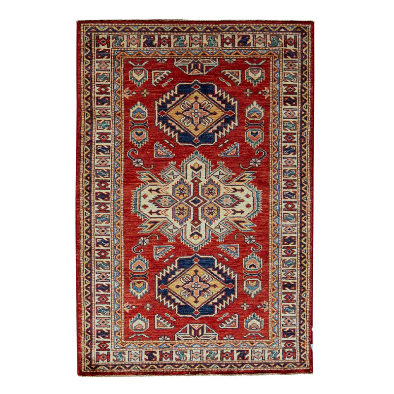 Tapis beige / rouge / bleu marine en laine noué à la main de conception unique 3 pi x 5 pi 1 po