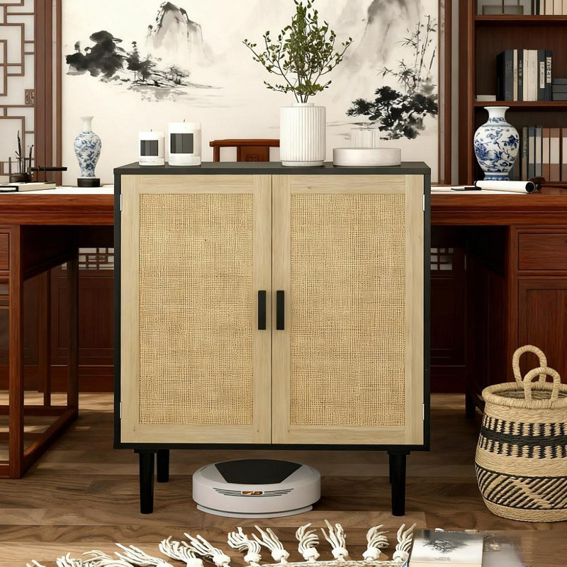 Buffet, armoire buffet avec 2 portes et tablettes en rotin