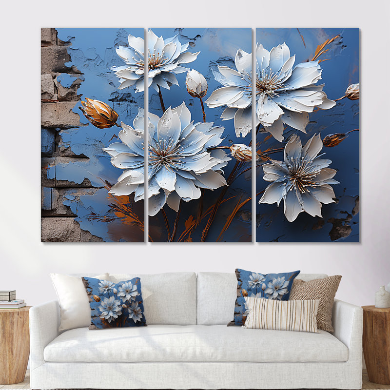 Impression d'art moderne bleu et blanc sur bleuets - II, Toile tendue, H 32 po x l 48 po x P 1 po