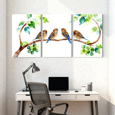 Oiseaux oiseaux perchés sur une branche avec feuilles et raisins, ensemble de 3 impressions sur toile