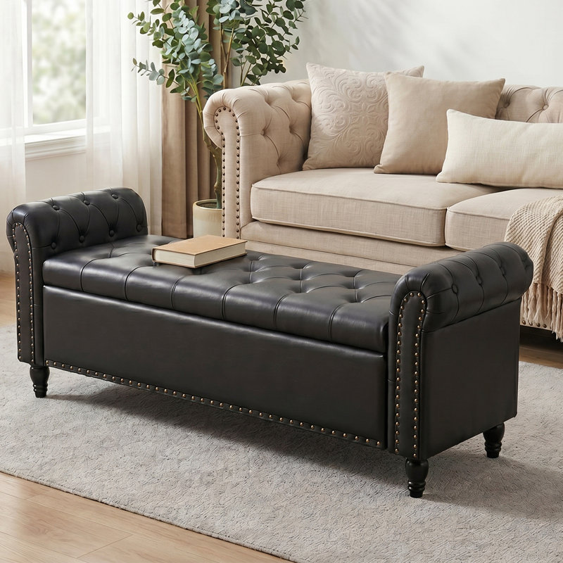 Banc de chambre à coucher avec rangement, Noir, noir, noir, noir, H 22 po x l 65,4 po x P 20 po