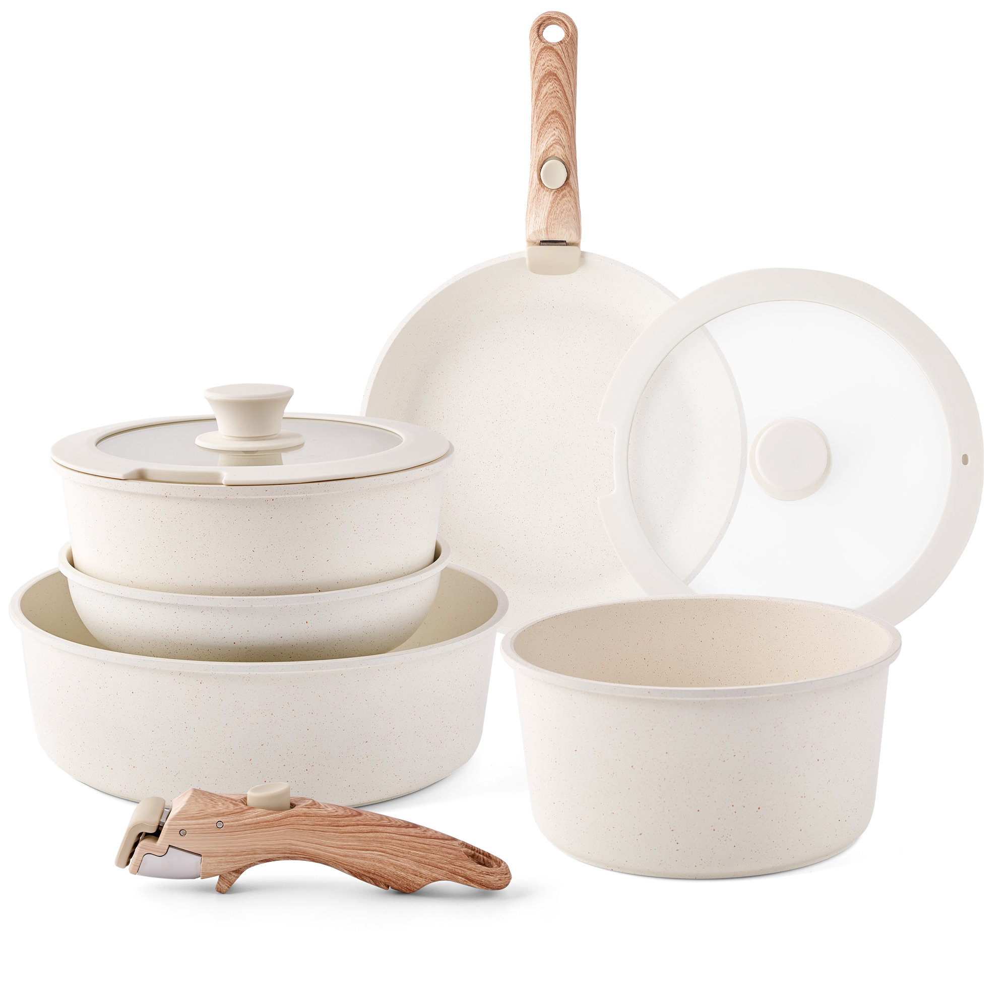 Caannasweis Pots and Pans Set Nonstick, Detachable Handle Cookware Sets,  Stackable Induction Kitchen Cookware with Removable Handle, Non Stick RV  and Camping Cookware, Dishwasher and Oven Safe, Beige