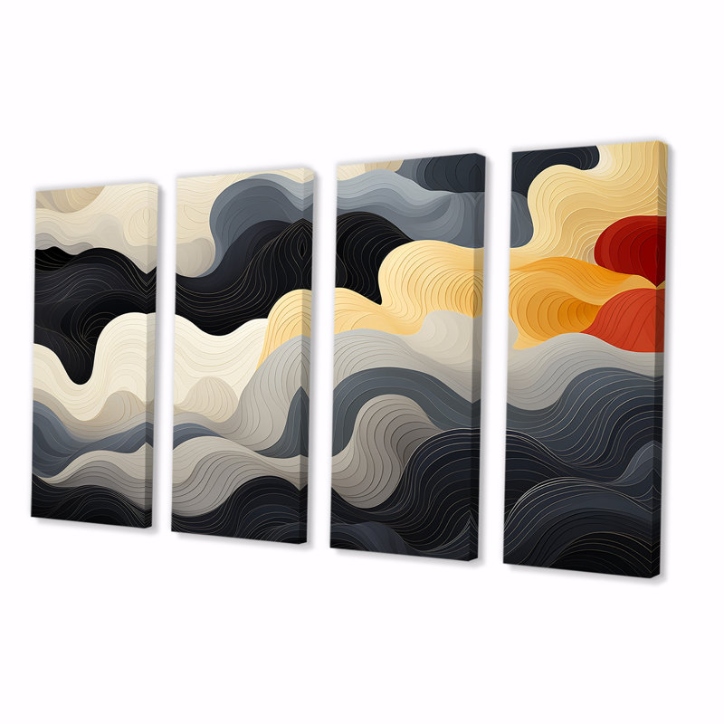 Orage solaire noir et orange - art abstrait 4 pièces, H 28 po x l 48 po
