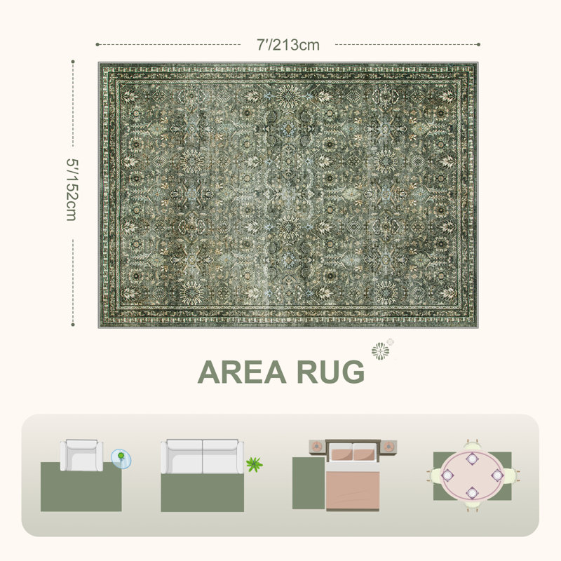 Watte Vintage Floral Border Washable Area Rug with Non-Slip Backing for Living Room & Bedroom, Rectangle 5' x 7'
