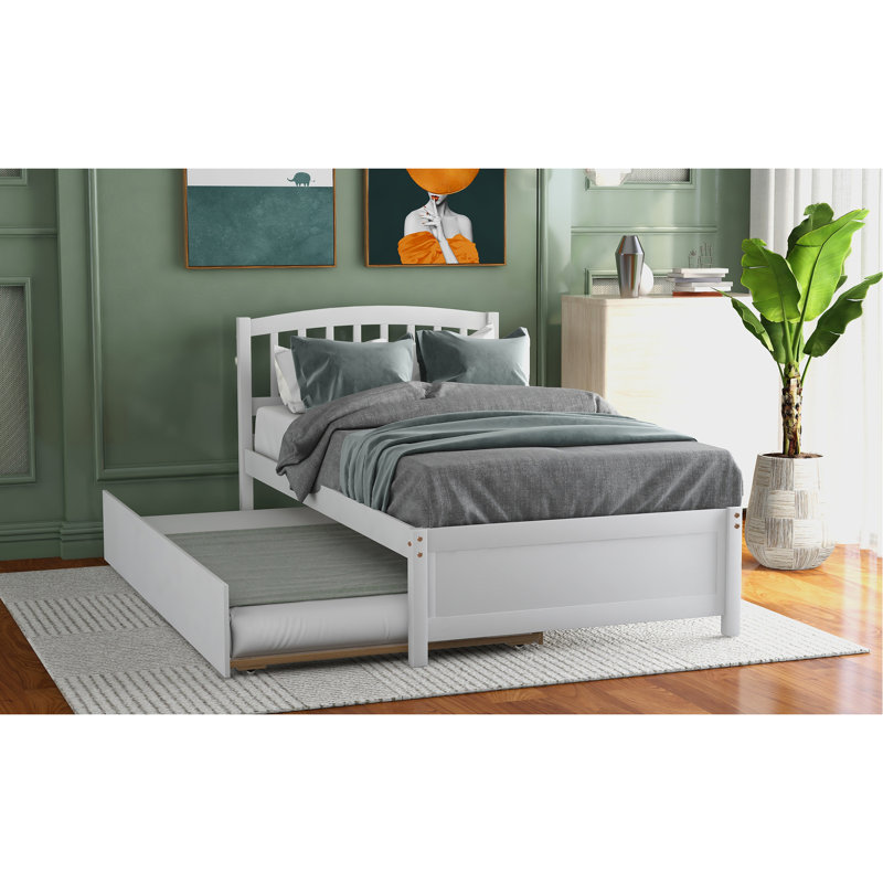 Lit simple en bois blanc avec lit gigogne - Fabrication solide pour une plateforme de chambre à coucher attrayante
