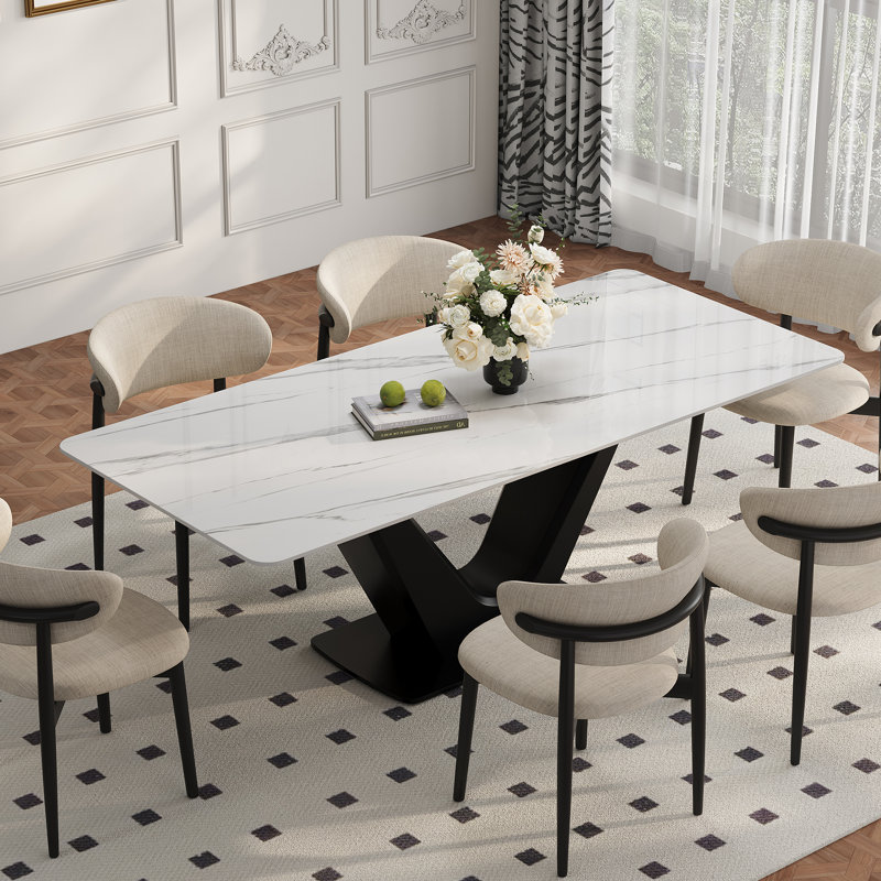 71'' Luxury Rectangular Dining Table - Faux Marble Top with Black V-Shaped Carbon Steel Base, Contemporary Kitchen Table for Dining Room