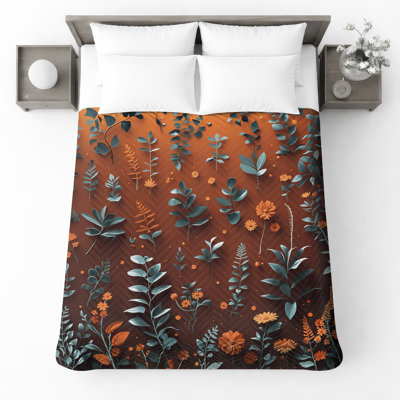Orange Green Leaves Quilted Bedspread 
