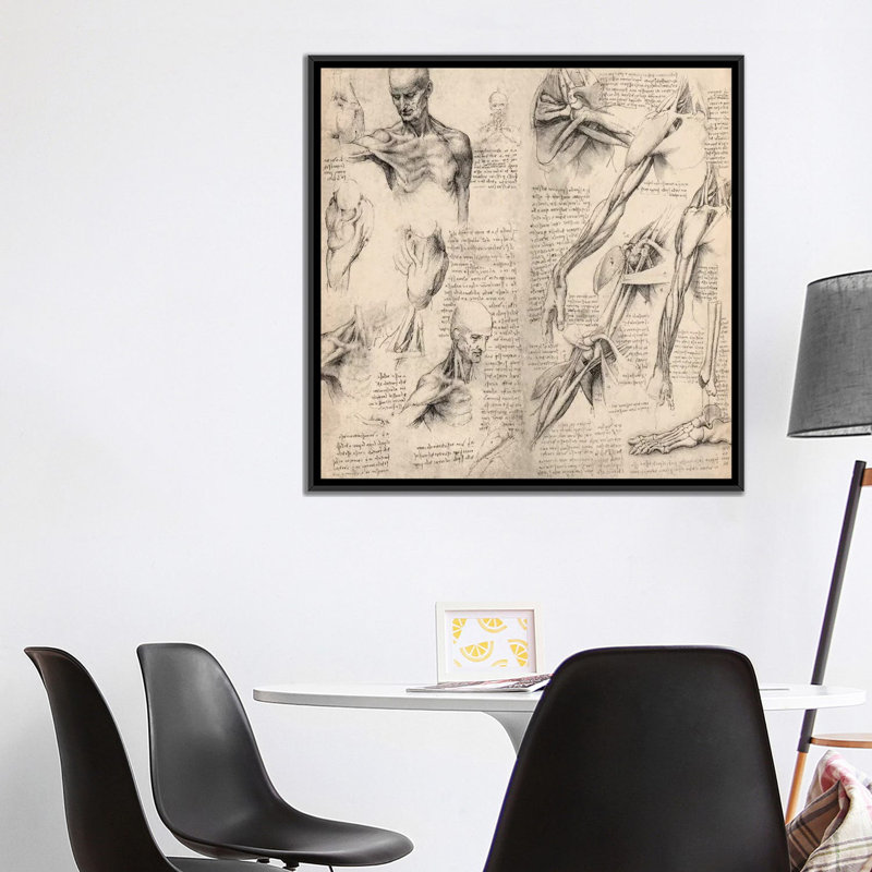 Carnet de croquis, études du corps humain par Leonardo Da Vinci - Art textuel sur toile, H 37 po x l 37 po x P 1,5 po