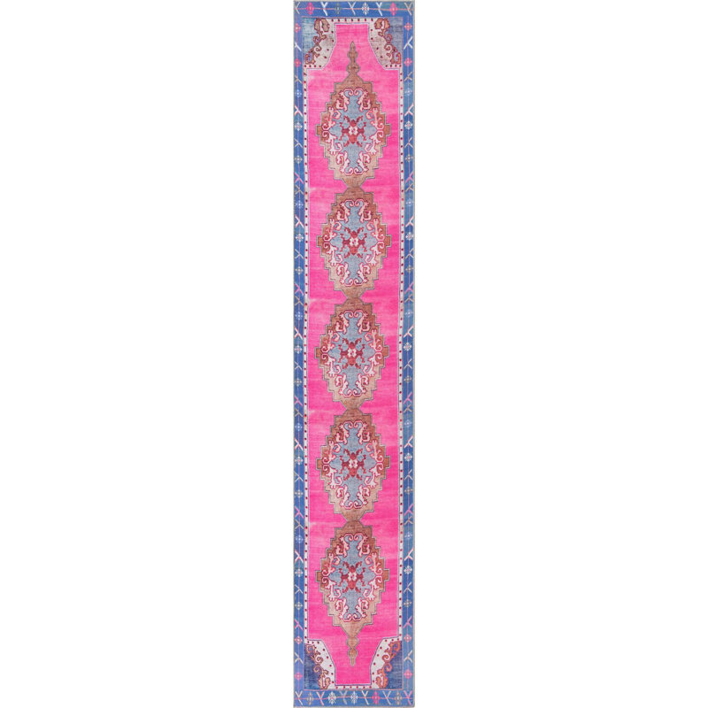 Tapis traditionnel d'Oppie fuchsia / violet, Tapis de couloir 2 pi 6 po x 14 pi
