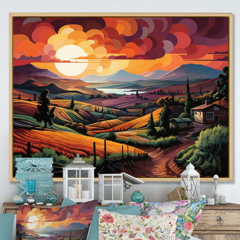 «Vineyard Sunset Rows Of Ruby Landscape III», reproduction sur toile, H 16 po x l 32 po x P 1 po, Cadre naturel flottant