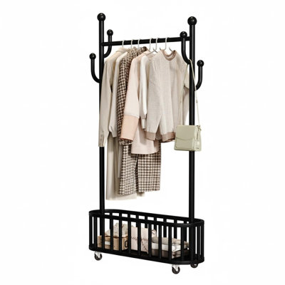 Portemanteau roulant sur roulettes verrouillable à 360 °, portemanteau autoportant avec panier de rangement inférieur, support à vêtements en métal pour vestibule de salon de chambre à coucher, 100 cm