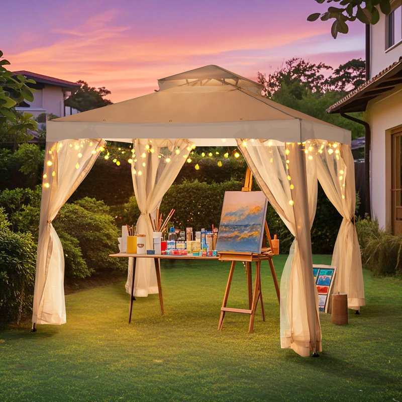 Sunjoy Soft Top Gazebo, Outdoor Patio Backyard Modern 2-Tier Steel Frame Gazebo with Mesh Netting, Beige/White, 8 ft. x 8 ft.