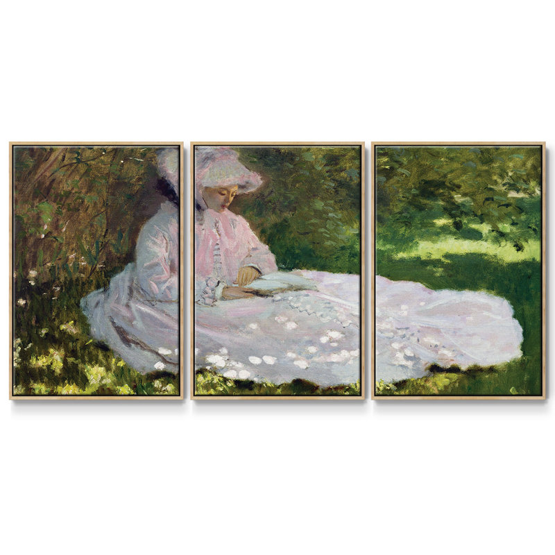 Monet - 3 pièces, reproduction encadrée sur toile, H 36 po x l 75 po x P 2 po, Naturel