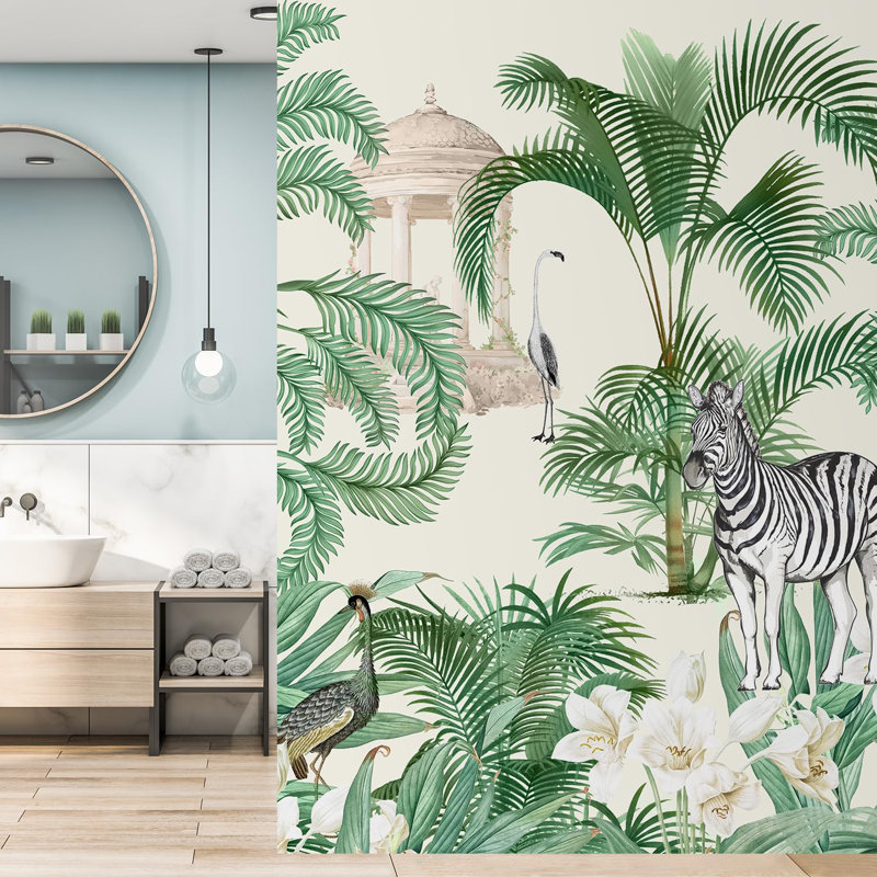 Exotic Jungle Tropical Palms and Wildlife Wallpaper, 132" L x 96" W